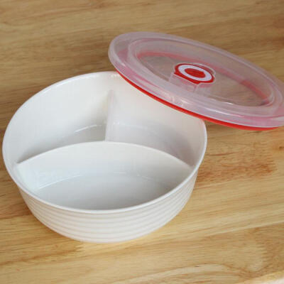 陶瓷分隔碗 三格碗 饭盒便当带盖分格盘碗 保鲜碗盖 快餐盒微波炉