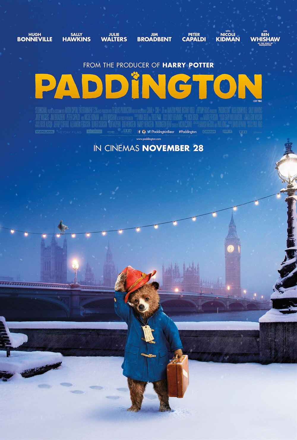 帕丁顿熊 (2014) Paddington 喜剧/家庭 - 2014年11月28日英国上映。帕丁顿熊由英国作家迈克尔·邦德在1958年创造，它是一只来自秘鲁的玩具熊，在伦敦的帕丁顿车站迷了路，后来被一个英国家庭收留。它总是头戴一顶旧帽子，带着一个装有他私人物品的旧皮箱，此外它还很爱吃柑橘酱三明治。