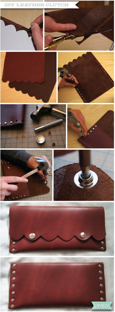 DIY scalloped leather clutch, purse, bag, studs, Wouldn't it be Lovely