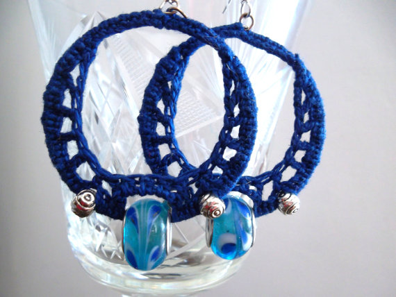 钩针耳环，波希米亚耳环，深蓝色耳环，捷克玻璃串珠耳环，航海耳环，嬉皮士耳环，珠宝主题