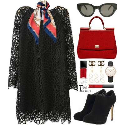 A fashion look from November 2014 featuring lace cocktail dress, side zipper boots and dolce gabbana purse. Browse and shop related looks.