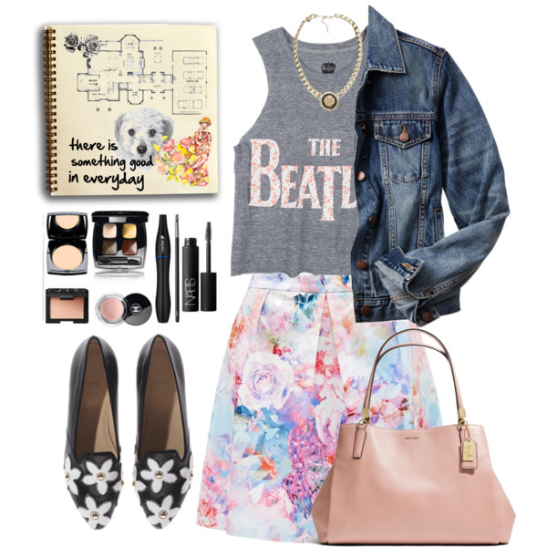 A fashion look from April 2014 featuring floral top, blue jean jacket and prom skirt. Browse and shop related looks.