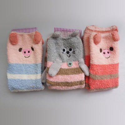 熊猫小猪毛绒家居袜 半边绒地板袜可爱动物卡通女袜冬季保暖