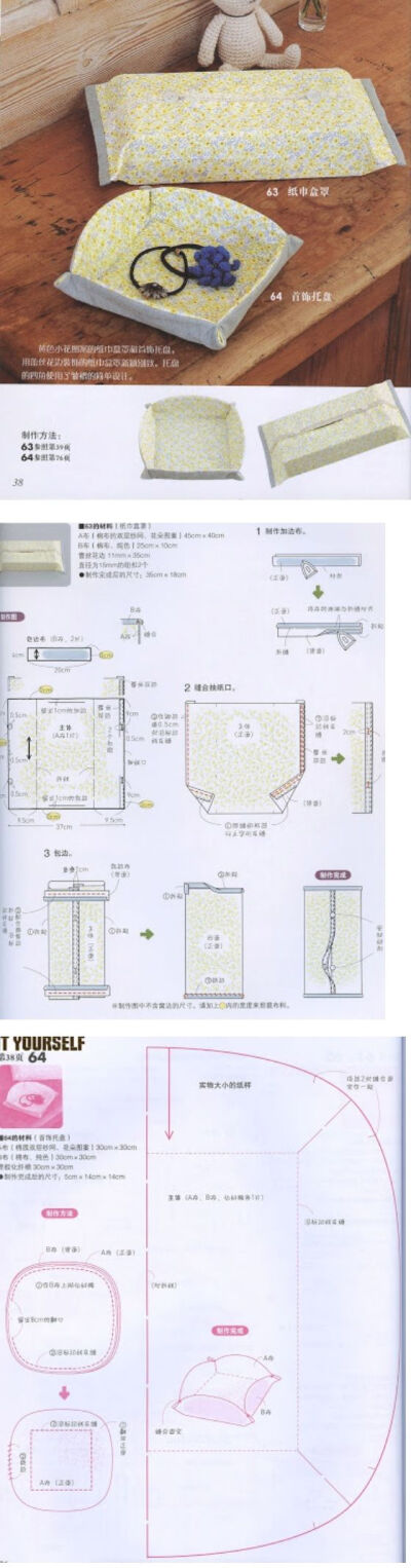 Pattern for tissue box cover and small tray.