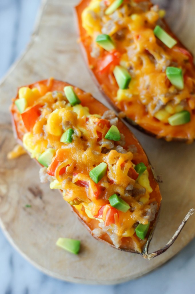 Breakfast Stuffed Sweet Potatoes - Stuffed sweet potatoes with scrambled eggs, maple sausage, cherry tomatoes and avocado!