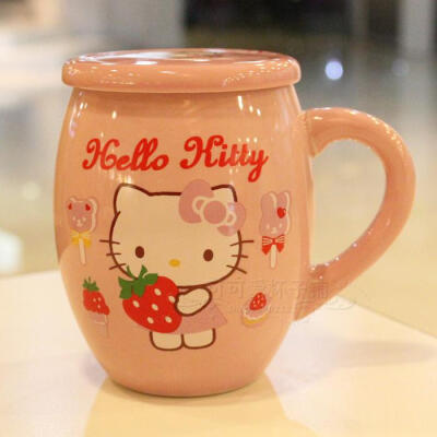 Hello Kitty酒桶形陶瓷杯KT大肚杯带盖牛奶杯超大水杯450ML