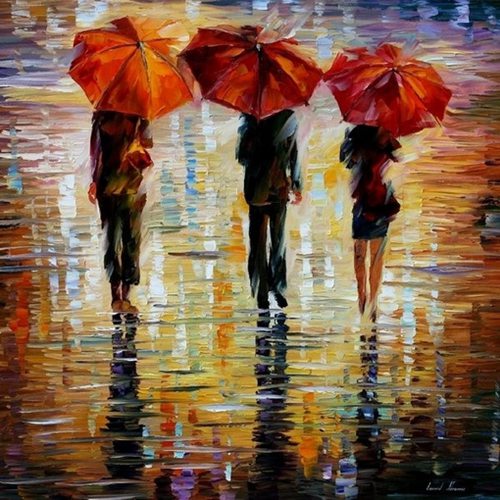 以色列画家 Leonid Afremov 的油画作品，印象派风格，对光影的捕捉特別细腻生动，再加上瑰丽的色彩、饱满的情调，让人觉得即使身在雨雾中也欣然可喜，不再凄清寂寞。