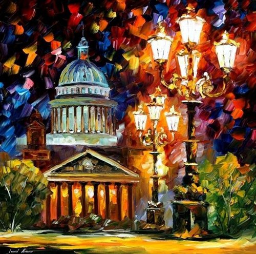 以色列画家 Leonid Afremov 的油画作品，印象派风格，对光影的捕捉特別细腻生动，再加上瑰丽的色彩、饱满的情调，让人觉得即使身在雨雾中也欣然可喜，不再凄清寂寞。