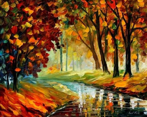 以色列画家 Leonid Afremov 的油画作品，印象派风格，对光影的捕捉特別细腻生动，再加上瑰丽的色彩、饱满的情调，让人觉得即使身在雨雾中也欣然可喜，不再凄清寂寞。