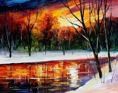 以色列画家 Leonid Afremov 的油画作品，印象派风格，对光影的捕捉特別细腻生动，再加上瑰丽的色彩、饱满的情调，让人觉得即使身在雨雾中也欣然可喜，不再凄清寂寞。