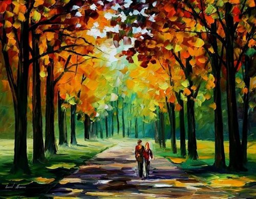 以色列画家 Leonid Afremov 的油画作品，印象派风格，对光影的捕捉特別细腻生动，再加上瑰丽的色彩、饱满的情调，让人觉得即使身在雨雾中也欣然可喜，不再凄清寂寞。