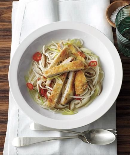 Pork Cutlets with Noodles recipe: Dredging the pork in panko, Japanese-style bread crumbs, gives the meat a light and crunchy coating.