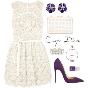 A fashion look from October 2014 featuring lacy white dress, red sole shoes and patent leather purse. Browse and shop related looks.