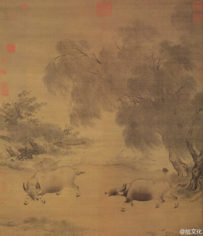 宋 李迪《风雨归牧图》纵120.7，横102.8厘米。台北故宫博物院藏。此图绘两牧童沿柳岸归牧，风雨大作，柳枝、丛芦在风雨中摇荡。牧童策牛逆风徐行，一人披蓑俯身紧拉住斗笠，另一牧童的斗笠被风吹落。这是江南乡村常…