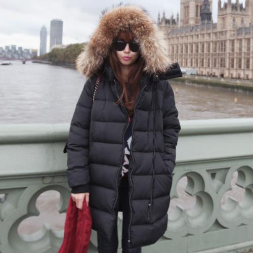 年冬装女韩国长款连帽大毛领斜拉链保暖显瘦长茵克拉羽绒服潮