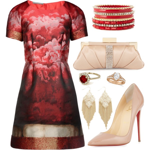 A fashion look from November 2014 featuring red cocktail dress, red pointy toe pumps and rhinestone studded purses. Browse and shop related looks.