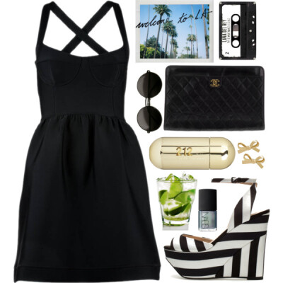 A fashion look from April 2013 featuring black cocktail dresses, multi color wedge shoes and black handbags. Browse and shop related looks.