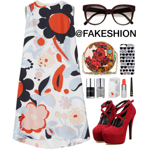 A fashion look from April 2014 featuring floral summer dresses, lace up pumps and floral handbag. Browse and shop related looks.