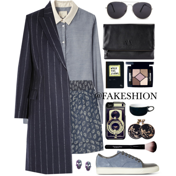 A fashion look from March 2014 featuring contrast collar shirt, navy blue coat and denim miniskirt. Browse and shop related looks.