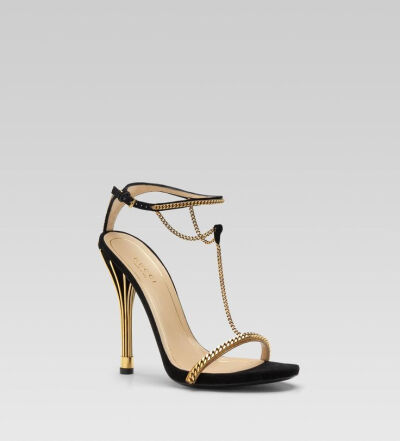 Orphelie Black Suede and Antique Brass Chain Sandal by Gucci #Sandal #Gucci #Orphelie