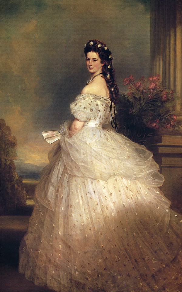《伊丽莎白王后画像》，即茜茜公主，温特哈尔特。轻纱的质感表现的非常好，容颜亦很动人，是王后本人最满意的肖像画。
