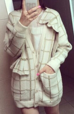 14新款DZ秋冬高端品牌方格V领单排扣休闲宽松毛衣针织开衫