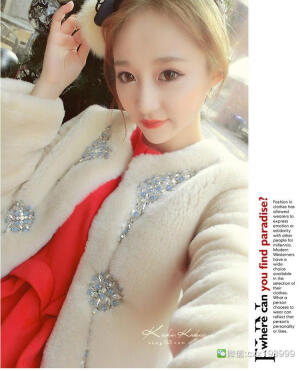 2014秋冬保暖红人款纯白色镶钻柔软毛绒百搭圆领小外套