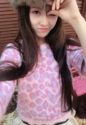 秋冬新款兔毛马海毛粉色豹纹毛衣女限量糖果粉圆领针织衫上衣