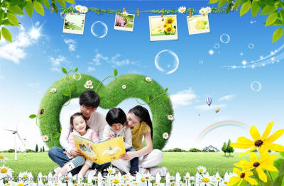 绿色植物心形边框和草地上悠闲阅读的一家人