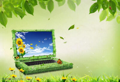 创意绿色植物笔记本电脑和花卉背景