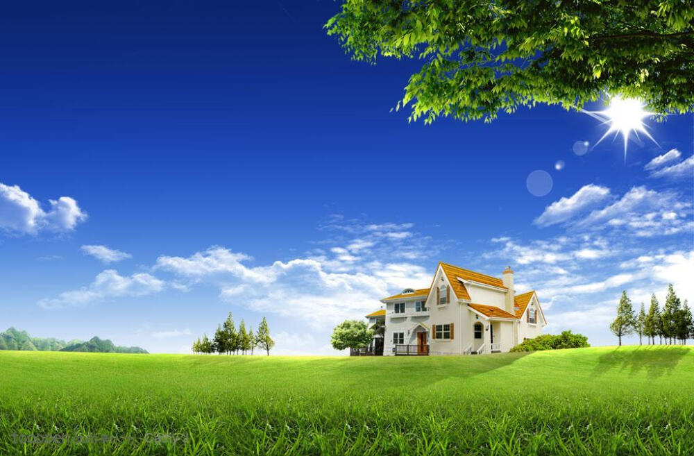 绿色草地上的黄色别墅建筑和自然风景背景