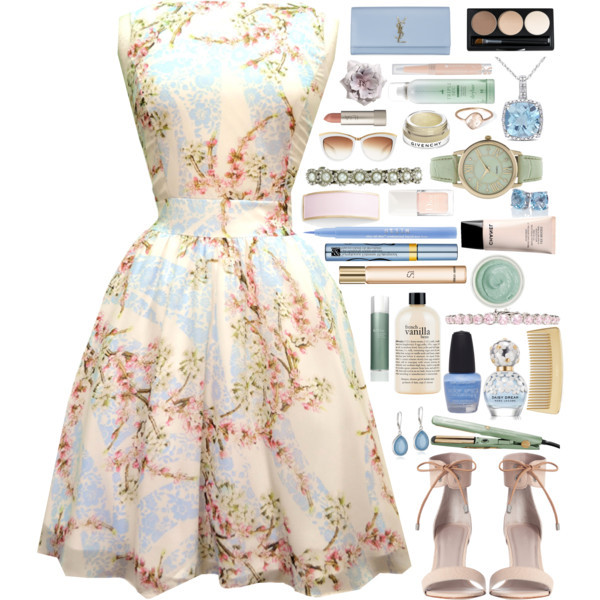 A fashion look from August 2014 featuring chiffon dress, heeled sandals and blue purse. Browse and shop related looks.