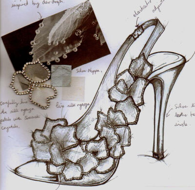 Fashion Sketchbook - footwear design drawing &amp;amp; fabric swatches; shoe sketch; fashion design process