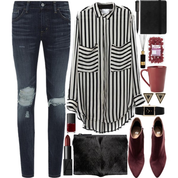 A fashion look from November 2014 featuring striped chiffon shirt, destroyed jeans and zipper ankle boots. Browse and shop related looks.