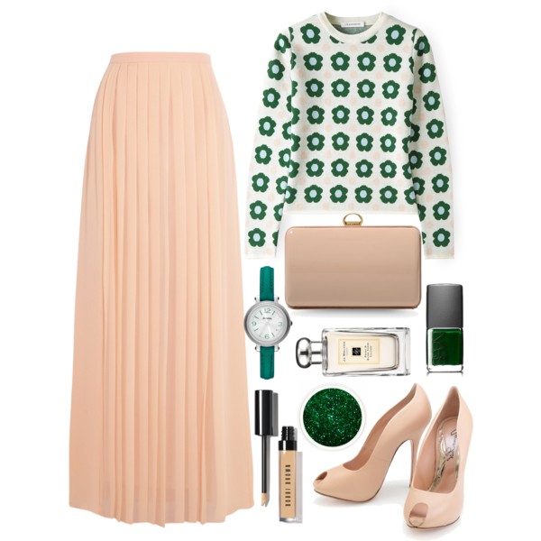 A fashion look from November 2014 featuring long sleeve sweaters, pleated skirt and nude shoes. Browse and shop related looks.