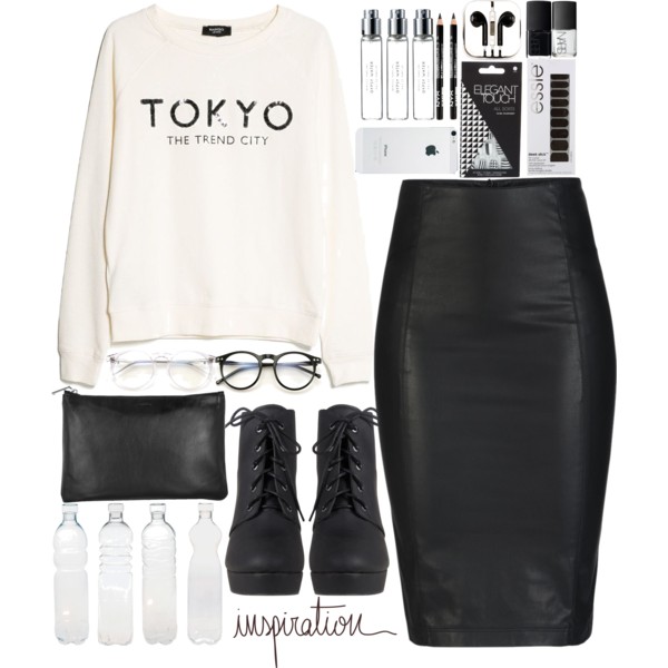 A fashion look from October 2014 featuring long sweat shirts, pencil skirt and heel booties. Browse and shop related looks.