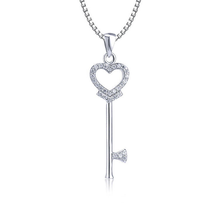 2014YOKOS925纯银钥匙项链心形型爱心女士镂空水钻锆石吊坠银饰品