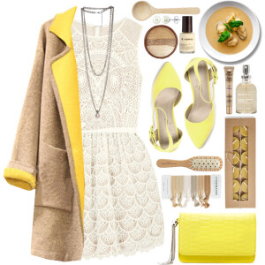 A fashion look from November 2014 featuring white lace dress, trench coat and high heel shoes. Browse and shop related looks.
