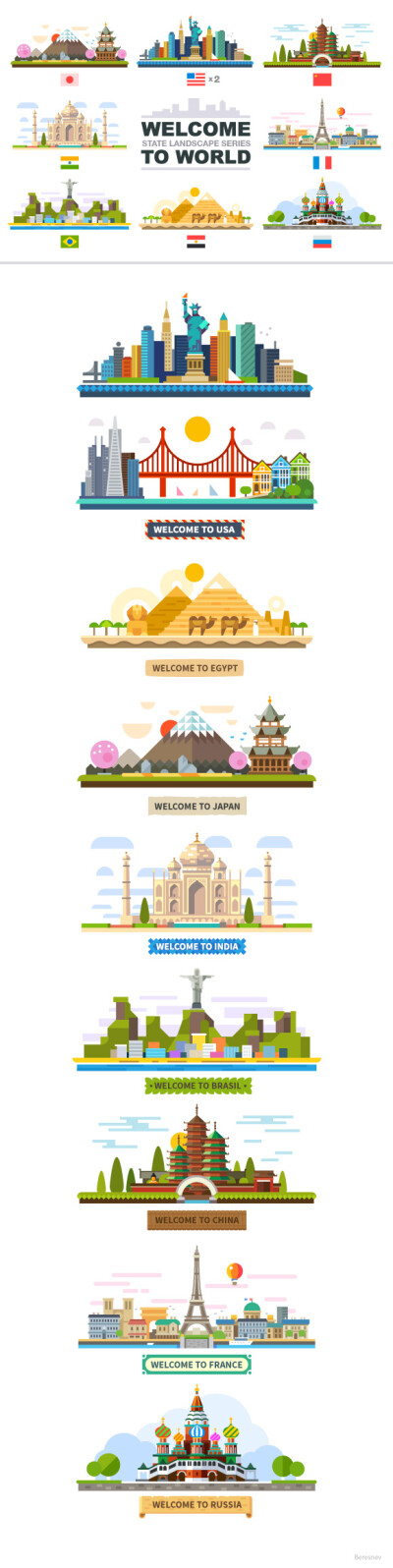 Welcome to world, flat landscape set : Welcome to world is a colorful set of flat landscapes the flat style. These pictures would be a great advertisement tourism :) While the project is in the proces…