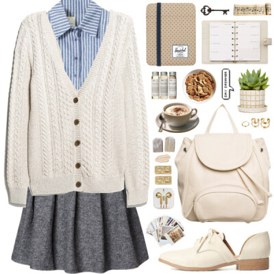 A fashion look from November 2014 featuring white cardigan, blue blouse and short skirts. Browse and shop related looks.