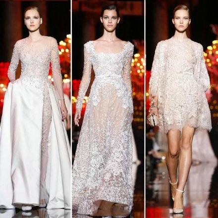 Elie Saab 2014秋冬高级定制系列，黎巴嫩仙裙大师把一日之中最绮丽的天空化做这一席流动的盛宴，从清晨的鱼肚，到傍晚的焰霞，再到午夜的星穹，简直美到让人落泪。