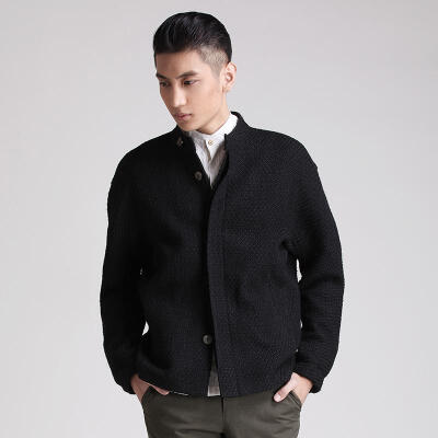 增简原创男装 黑色羊毛立领 男士冬装外套 短款加厚夹克