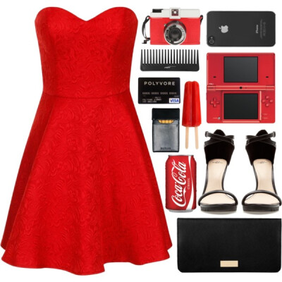 A fashion look from November 2014 featuring knee length lace cocktail dress, ankle strap sandals and snap wallet. Browse and shop related looks.