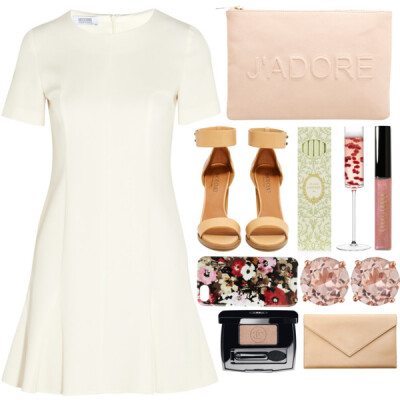 A fashion look from November 2014 featuring short ivory dress, nude sandals and pink purse. Browse and shop related looks.