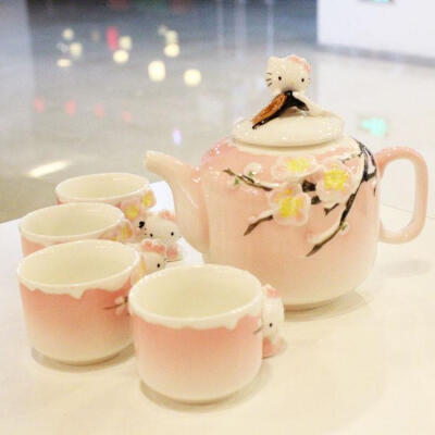 日本纯手工hello Kitty梅花茶具套装凯蒂猫珐琅瓷五件套