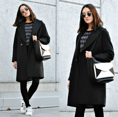 Sonja Rychkova - Sunglasses, Zara Squared Sweater, H&amp;amp;M Oversized Coat, Black Jeans, Adidas Superstar, Zara Monochrome Bag - Oversized coat