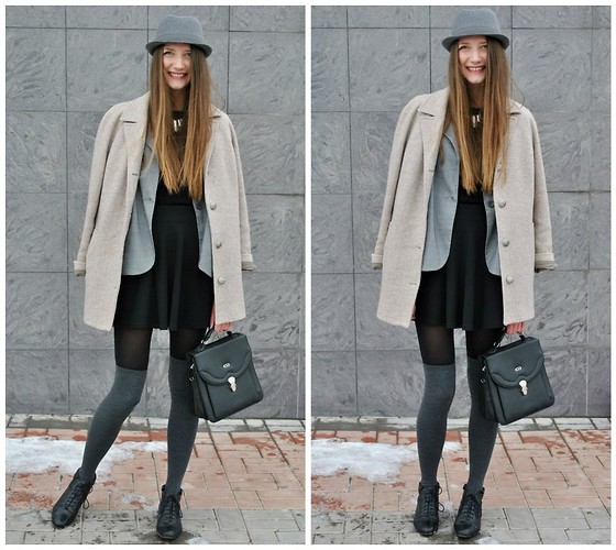 Yulia Sidorenko - Vintage Bag, H&amp;amp;M Stockings, Vintage Coat, Dorothy Perkins Blazer, Vintage Boots, H&amp;amp;M Skirt, Atmosphere Top, H&amp;amp;M Necklace - Grey&amp;amp;Black