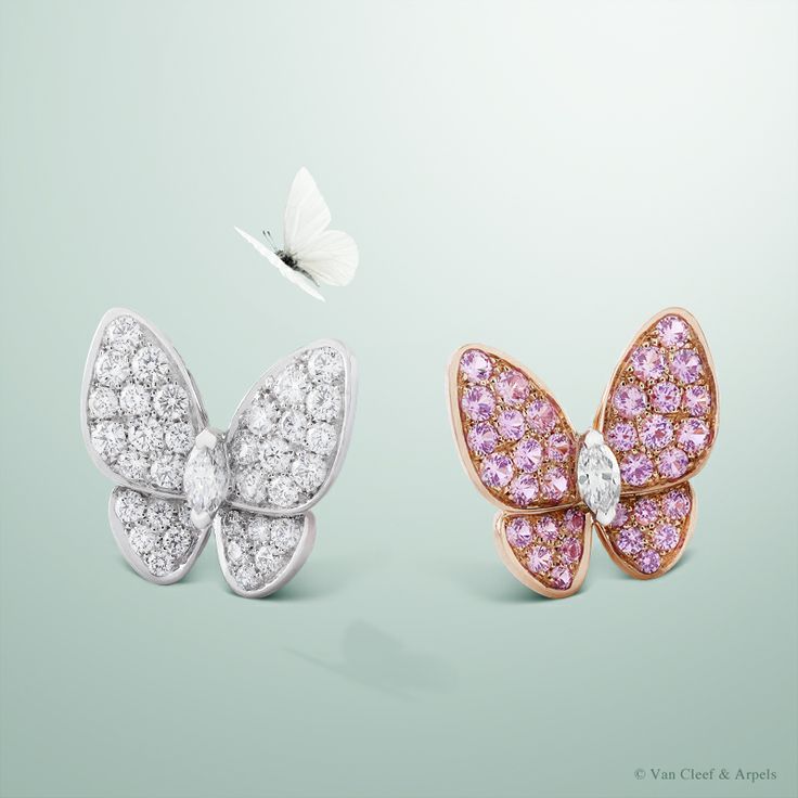 Van Cleef &amp;amp; Arpels Two Butterfly earclips set in white and pink gold with diamonds and pink sapphires #VCAspring