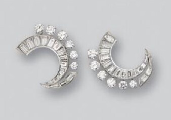 PAIR OF DIAMOND EARCLIPS/DRESS CLIPS, VAN CLEEF &amp;amp; ARPELS, CIRCA 1950. The crescents set with 12 round and 32 baguette diamonds weighing approximately 5.00 carats, mounted in platinum, signed V…