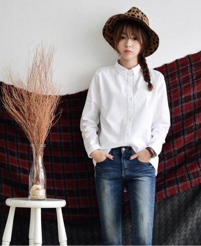 韩国秋冬韩版修身蕾丝拼接白色长袖衬衫衬衣女
